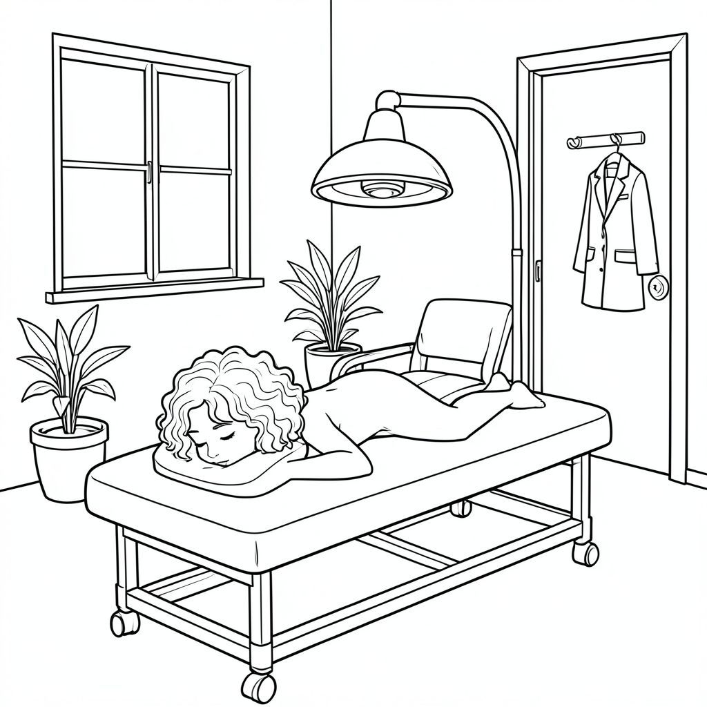 Black-and-white line art coloring page of a peaceful treatment room. A woman with curly hair lies face down on a massage table with her face in a face cradle. Her back is exposed. An infrared lamp hovers above her back. The room has a window, a rolling treatment table, a few potted plants, a chair with clothes on it, a door with a hook, and a coat hanging on the hook. Simple, clear outlines suitable for coloring, calm and relaxing atmosphere, all elements visible and easy to color.