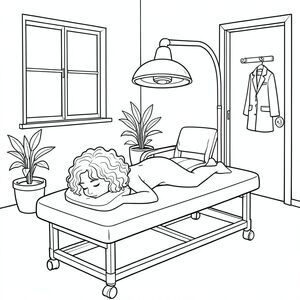 Black-and-white line art coloring page of a peaceful treatment room. A woman with curly hair lies face down on a massage table with her face in a face cradle. Her back is exposed. An infrared lamp hovers above her back. The room has a window, a rolling treatment table, a few potted plants, a chair with clothes on it, a door with a hook, and a coat hanging on the hook. Simple, clear outlines suitable for coloring, calm and relaxing atmosphere, all elements visible and easy to color.
