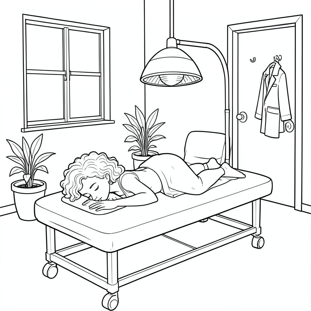 Black-and-white line art coloring page of a peaceful treatment room. A woman with curly hair lies face down on a massage table with her face in a face cradle. Her back is exposed and her butt, legs and feet are covered with a sheet prepare for a massage. An infrared lamp hovers above her back. The room has a window, a rolling treatment table, a few potted plants, a chair with clothes on it, a door with a hook, and a coat hanging on the hook. Simple, clear outlines suitable for coloring, calm and relaxing atmosphere, all elements visible and easy to color.