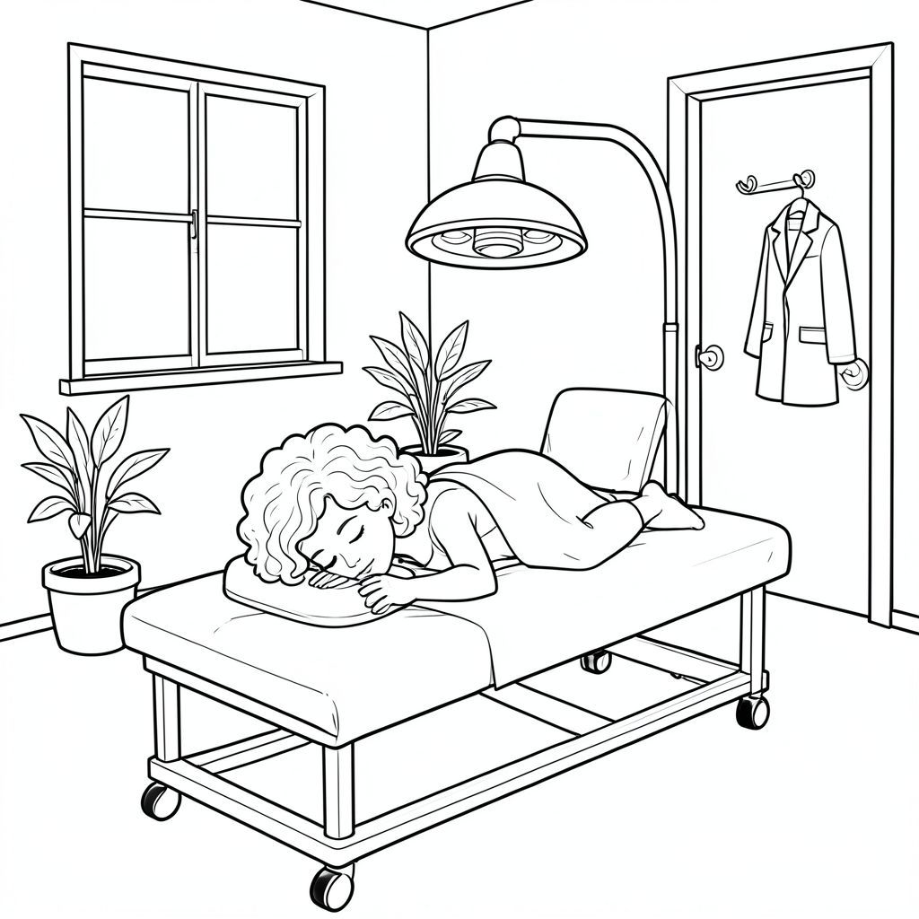 Black-and-white line art coloring page of a peaceful treatment room. A woman with curly hair lies face down on a massage table with her face in a face cradle cover by a sheet and blanket. An infrared lamp hovers above her back. The room has a window, a rolling treatment table, a few potted plants, a chair with clothes on it, a door with a hook, and a coat hanging on the hook. Simple, clear outlines suitable for coloring, calm and relaxing atmosphere, all elements visible and easy to color.