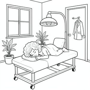 Black-and-white line art coloring page of a peaceful treatment room. A woman with curly hair lies face down on a massage table with her face in a face cradle cover by a sheet and blanket. An infrared lamp hovers above her back. The room has a window, a rolling treatment table, a few potted plants, a chair with clothes on it, a door with a hook, and a coat hanging on the hook. Simple, clear outlines suitable for coloring, calm and relaxing atmosphere, all elements visible and easy to color.