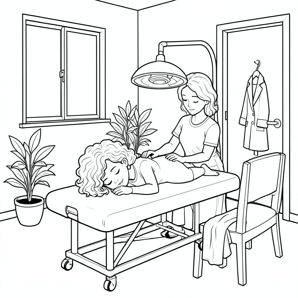 Black-and-white line art coloring page of a peaceful treatment room. A woman with curly hair lies face down on a massage table getting a facial by an another woman. An infrared lamp hovers above her back. The room has a window, a rolling treatment table, a few potted plants, a chair with clothes on it, a door with a hook, and a coat hanging on the hook. Simple, clear outlines suitable for coloring, calm and relaxing atmosphere, all elements visible and easy to color.