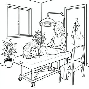 Black-and-white line art coloring page of a peaceful treatment room. A woman with curly hair lies face down on a massage table getting a facial by an another woman. An infrared lamp hovers above her back. The room has a window, a rolling treatment table, a few potted plants, a chair with clothes on it, a door with a hook, and a coat hanging on the hook. Simple, clear outlines suitable for coloring, calm and relaxing atmosphere, all elements visible and easy to color.