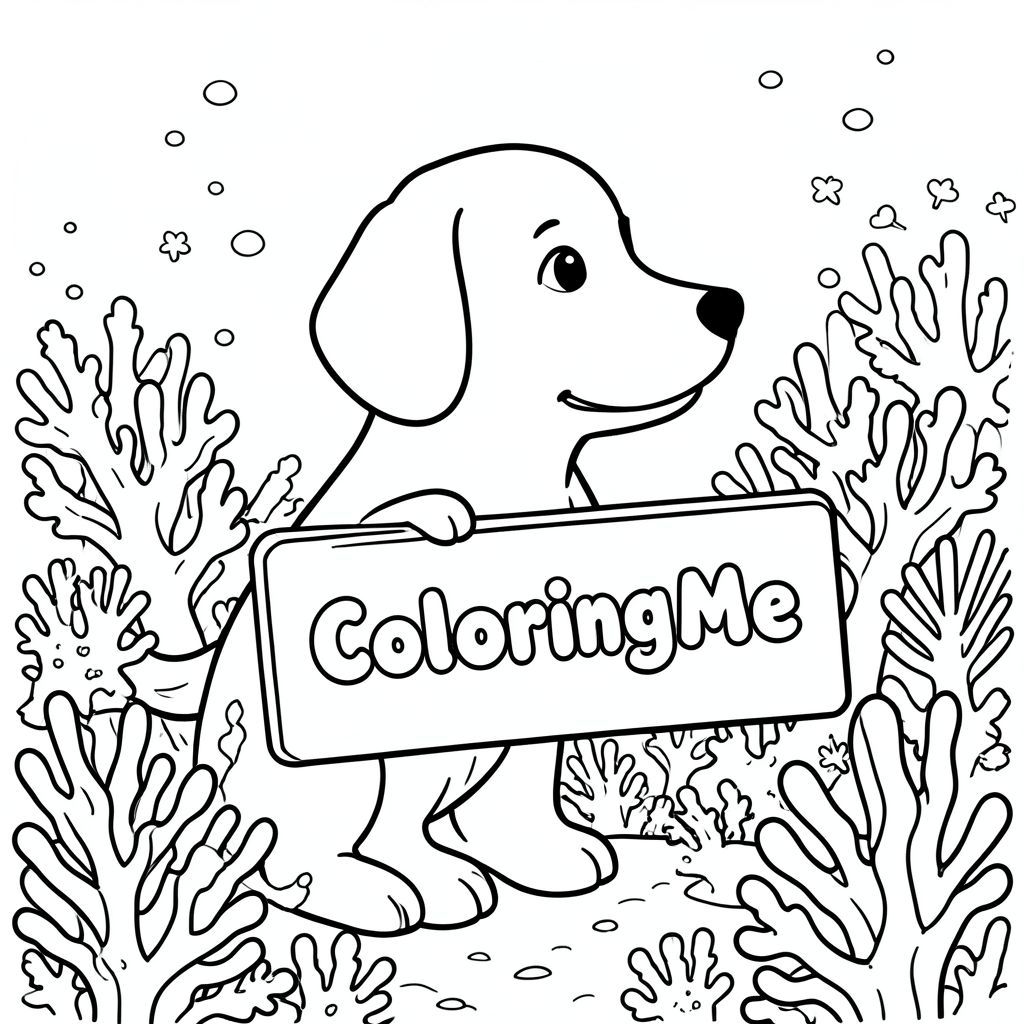 A profile view of a friendly dog, holding a sign with "ColoringMe" written in white bubble letters, in profile, in a underwater coral reef kingdom, surrealist style