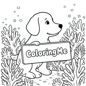 A profile view of a friendly dog, holding a sign with "ColoringMe" written in white bubble letters, in profile, in a underwater coral reef kingdom, surrealist style