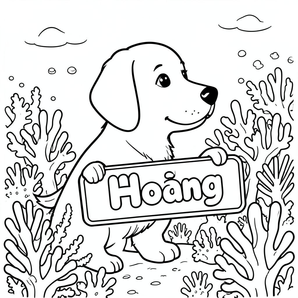 A profile view of a friendly dog, holding a sign with "Hoang" written in white bubble letters, in profile, in a underwater coral reef kingdom, surrealist style