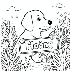 A profile view of a friendly dog, holding a sign with "Hoang" written in white bubble letters, in profile, in a underwater coral reef kingdom, surrealist style