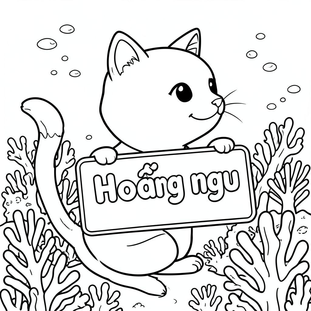 A profile view of a friendly cat, holding a sign with "Hoàng ngu" written in white bubble letters, in profile, in a underwater coral reef kingdom, surrealist style