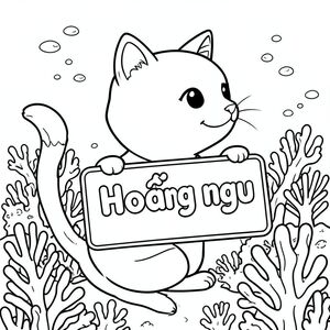 A profile view of a friendly cat, holding a sign with "Hoàng ngu" written in white bubble letters, in profile, in a underwater coral reef kingdom, surrealist style