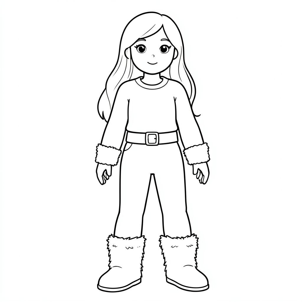 woman with long hair, sleeve, long gloves, belt, pants, long fur boots