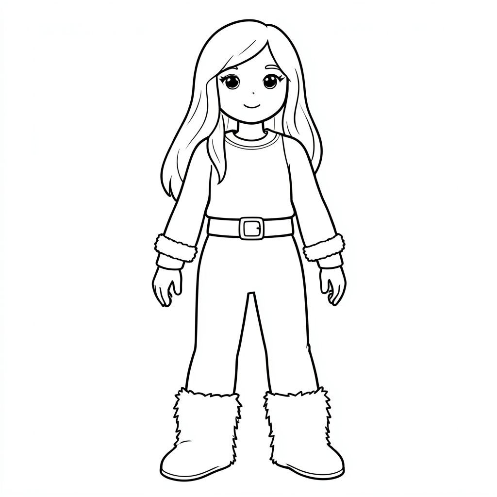 woman with long hair, sleeve, long gloves, belt, pants, long fur socks