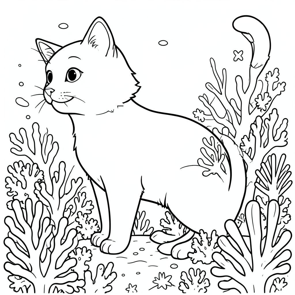 A profile view of a friendly cat, in profile, in a underwater coral reef kingdom, surrealist style