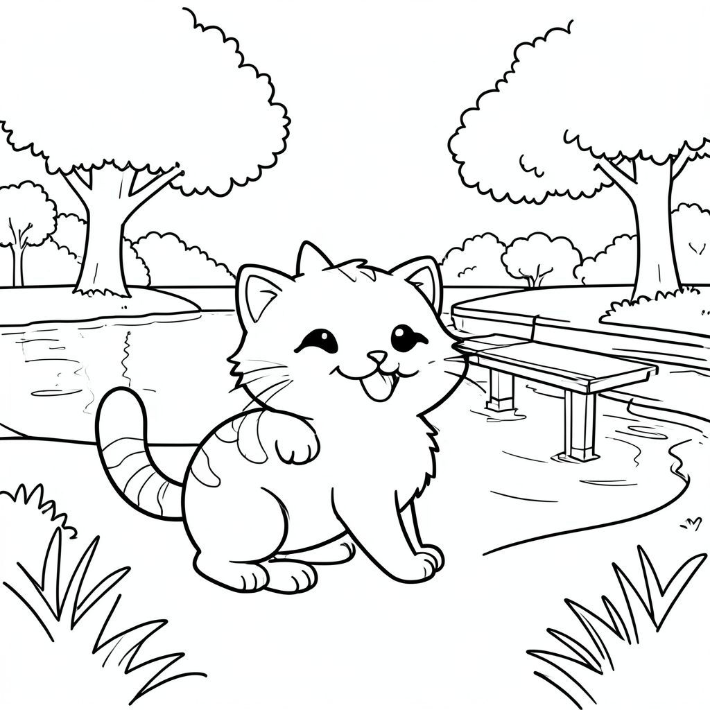 An overview of a friendly, playful cat by the park lake