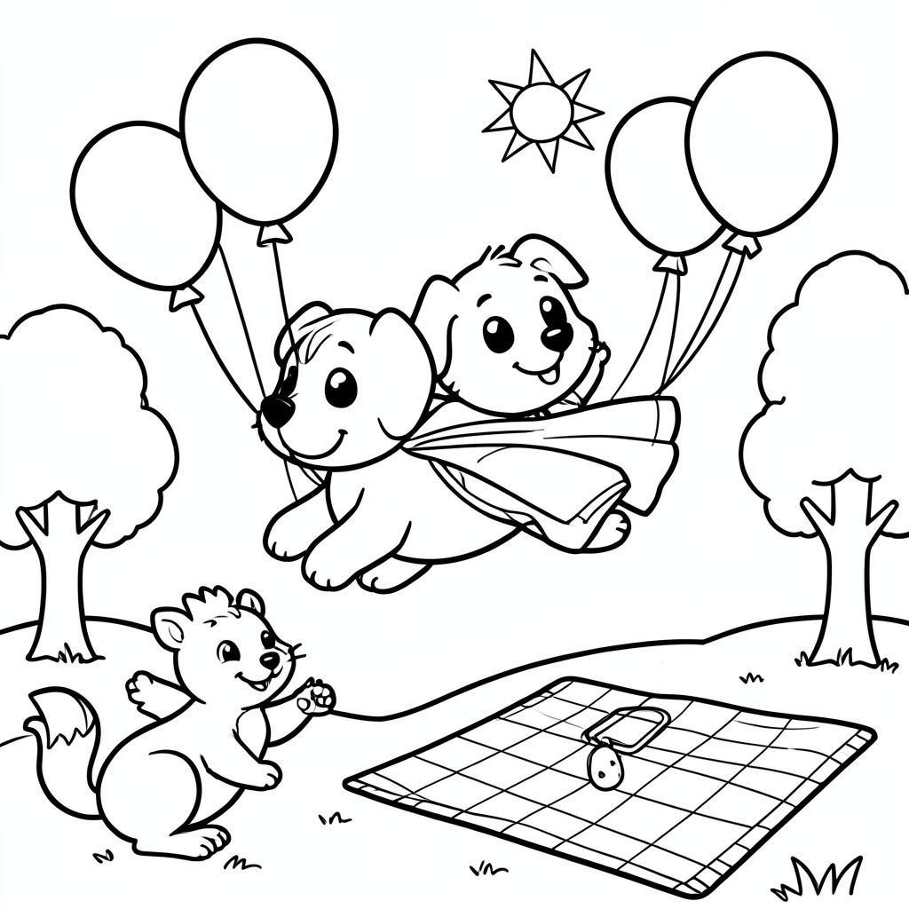 A friendly dog wearing a superhero cape flying over a sunny park, surrounded by balloons and a friendly squirrel, with simple trees and a picnic blanket in the background for easy coloring by children.