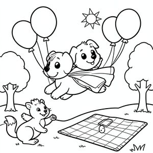 A friendly dog wearing a superhero cape flying over a sunny park, surrounded by balloons and a friendly squirrel, with simple trees and a picnic blanket in the background for easy coloring by children.