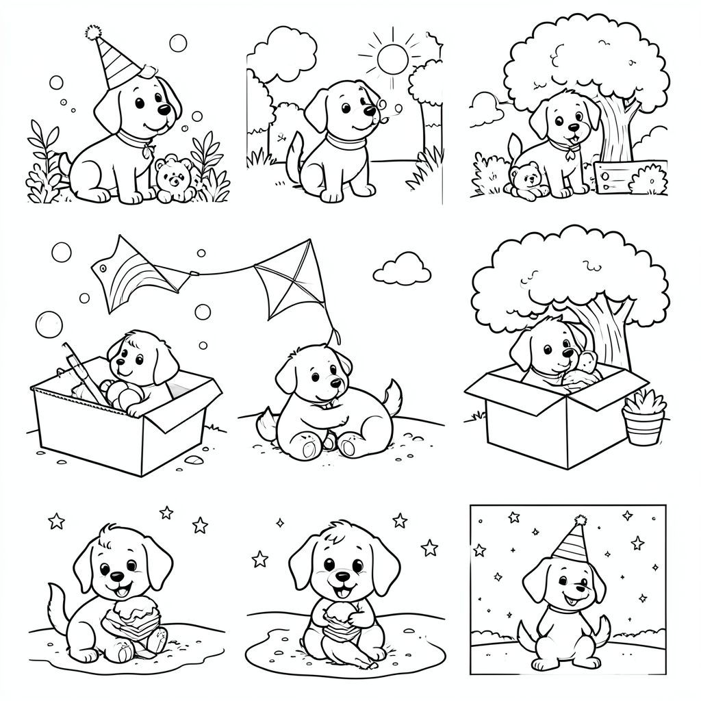 "Dog wearing a party hat in a garden",
"Dog blowing bubbles in a park scene",
"Dog with a rainbow collar on a sunny day",
"Dog and its favorite ball under a big tree",
"Dog-shaped kite flying over blue skies",
"Dog hugging a teddy bear at bedtime",
"Dog inside a big cardboard box waiting to play",
"Dog digging a small hole in sandy beach",
"Dog smiling with a big ice cream sandwich",
"Dog watching stars on a starlit night"