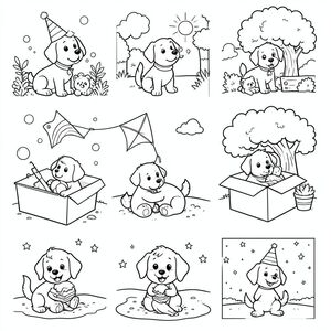 "Dog wearing a party hat in a garden",
"Dog blowing bubbles in a park scene",
"Dog with a rainbow collar on a sunny day",
"Dog and its favorite ball under a big tree",
"Dog-shaped kite flying over blue skies",
"Dog hugging a teddy bear at bedtime",
"Dog inside a big cardboard box waiting to play",
"Dog digging a small hole in sandy beach",
"Dog smiling with a big ice cream sandwich",
"Dog watching stars on a starlit night"