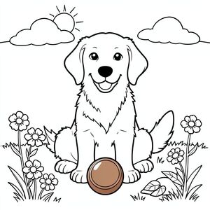 A friendly golden retriever sitting on a grassy meadow with a red ball in front, a blue sky with a few clouds and a bright sun overhead. The dog has a big smile and a wagging tail, surrounded by four flowers and a small pile of leaves. The layout is simple: the dog's outline fills most of the center, the ball in brown and metal texture, the flowers with petals, the sky and ground lines.