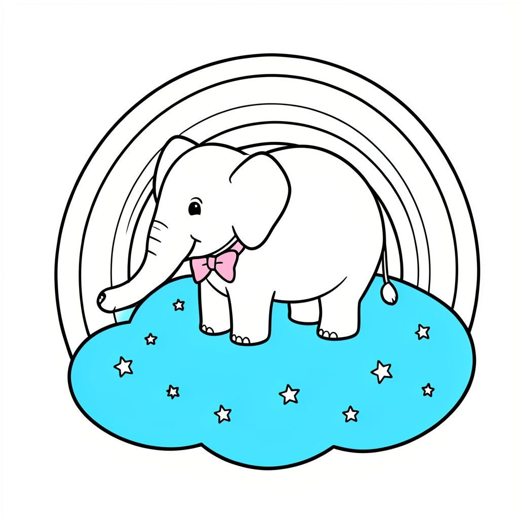 A smiling elephant wearing a pink bowtie, standing on a bright blue cloud that has tiny stars around it, with a gentle rainbow arching from one side to the other. The cloud’s outline is thick and the elephant’s body is a single shape with a few simple details to color, making it easy and fun for children.
