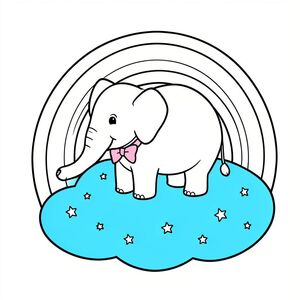 A smiling elephant wearing a pink bowtie, standing on a bright blue cloud that has tiny stars around it, with a gentle rainbow arching from one side to the other. The cloud’s outline is thick and the elephant’s body is a single shape with a few simple details to color, making it easy and fun for children.