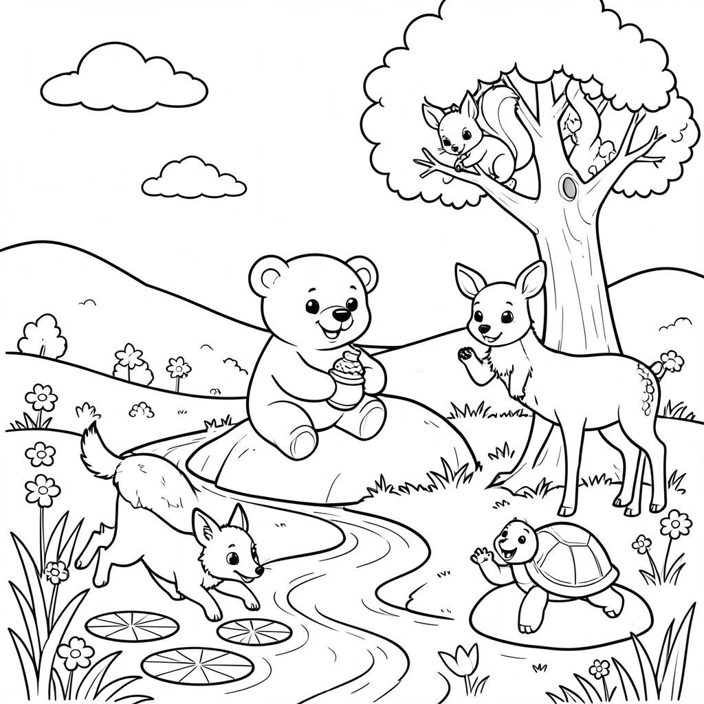 A bright, sunny meadow with a winding stream. At the center, a friendly, smiling bear sits on a large rock, holding a honey pot. Nearby, a curious squirrel climbs a tall oak tree, its tail swirling around the branches. A small, playful fox darts between the lily pads on the water’s edge, and a graceful deer stands beside the stream, ears perked. A cheerful, short‑tall turtle rests on a smooth stone and waves a tiny paw. All animals have large, expressive eyes and simple, rounded shapes. The background includes gentle hills, dotted flowers, and a few clouds, creating a whimsical yet easy scene for kids to color