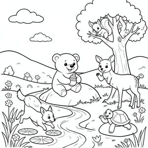 A bright, sunny meadow with a winding stream. At the center, a friendly, smiling bear sits on a large rock, holding a honey pot. Nearby, a curious squirrel climbs a tall oak tree, its tail swirling around the branches. A small, playful fox darts between the lily pads on the water’s edge, and a graceful deer stands beside the stream, ears perked. A cheerful, short‑tall turtle rests on a smooth stone and waves a tiny paw. All animals have large, expressive eyes and simple, rounded shapes. The background includes gentle hills, dotted flowers, and a few clouds, creating a whimsical yet easy scene for kids to color