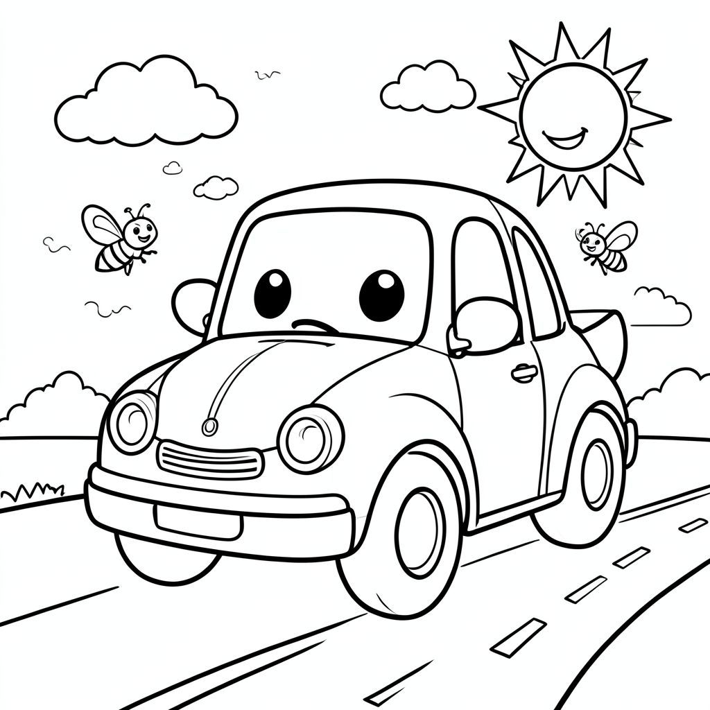Draw a large, friendly cartoon car waving hello, with big smiling headlights for eyes and a cheerful grin in the windshield. Surround the car with a simple road, a few scattered cloud puffs, and a bright sun with rays. Add a few cute, buzzing bees or butterflies hovering near the car for extra whimsy. The car should have large, simple shapes—big wheels, a round body, and a big tail light—making it easy for kids to color. Stick to thick outlines and minimal internal details.