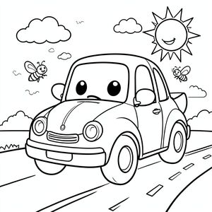 Draw a large, friendly cartoon car waving hello, with big smiling headlights for eyes and a cheerful grin in the windshield. Surround the car with a simple road, a few scattered cloud puffs, and a bright sun with rays. Add a few cute, buzzing bees or butterflies hovering near the car for extra whimsy. The car should have large, simple shapes—big wheels, a round body, and a big tail light—making it easy for kids to color. Stick to thick outlines and minimal internal details.