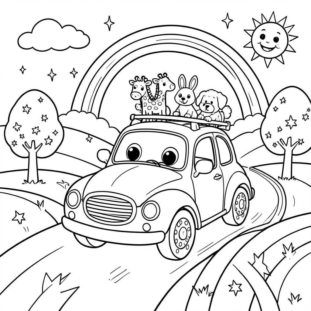 Một chiếc xe vui vẻ theo phong cách hoạt hình với đôi mắt to trên kính chắn gió đang chạy dọc theo một con đường quanh co uốn lượn qua những cánh đồng đầy màu sắc. Chiếc xe có thiết kế vui tươi: lưới tản nhiệt phía trước tròn, mỉm cười, bánh xe quá khổ với vành chấm bi và giá nóc đầy những con vật hoạt hình sáng màu (hươu cao cổ, thỏ, chó con). Dọc hai bên đường là những cây đơn giản, hay thay đổi với những chiếc lá hình ngôi sao, cầu vồng cong trên đầu và một mặt trời đang mỉm cười ở góc. Trẻ em có thể tô màu xe bằng màu đậm, thêm hoa văn cho động vật và trang trí bầu trời bằng mây và lấp lánh. Nghệ thuật đường nét đơn giản với đường viền rõ ràng đảm bảo dễ dàng tô màu cho trẻ nhỏ. Khung cảnh tổng thể tạo ra một động lực vui vẻ và giàu trí tưởng tượng để trẻ em mang vào cuộc sống.