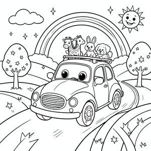 A cheerful, cartoon-style car with big eyes on the windshield is zipping along a winding road that curves through colorful fields. The car has a playful design: a round, smiling front grille, oversized wheels with polka-dot rims, and a roof rack full of bright, cartoon animals (a giraffe, a rabbit, a puppy). Along the sides of the road, there are simplified, whimsical trees with star-shaped leaves, a rainbow arching overhead, and a smiling sun in the corner. Kids can color the car in bold colors, add patterns to the animals, and decorate the sky with clouds and sparkles. Simple line art with clear borders ensures easy coloring for younger children. The overall scene creates a joyful and imaginative drive for kids to bring to life.