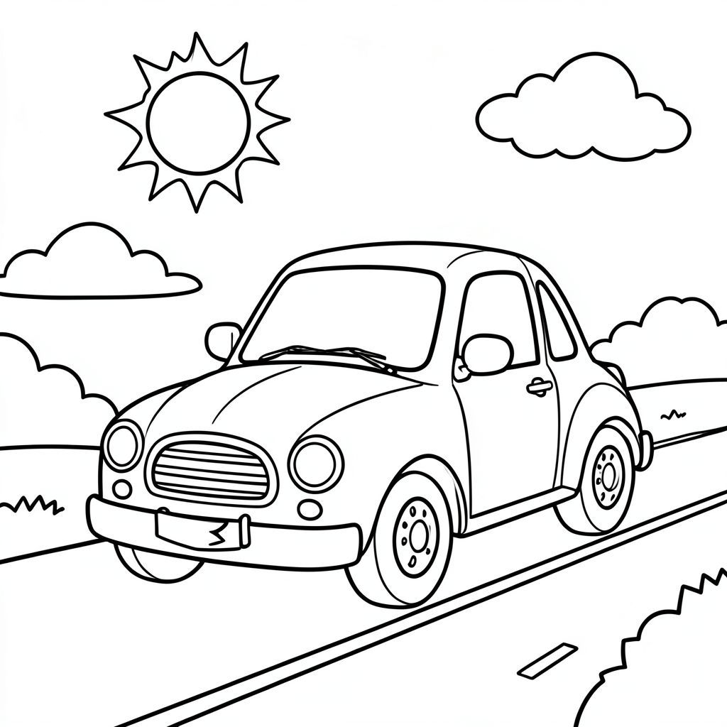 A cartoon car with a smiling face on the front grill, big round wheels, a single window, and a friendly side mirror. The car is parked beside a simple road, with a bright sun in a clear sky and a few fluffy clouds. Children can color the car, the road, the sky, and the clouds, making a fun and easy coloring page.