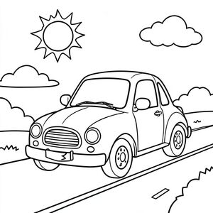 A cartoon car with a smiling face on the front grill, big round wheels, a single window, and a friendly side mirror. The car is parked beside a simple road, with a bright sun in a clear sky and a few fluffy clouds. Children can color the car, the road, the sky, and the clouds, making a fun and easy coloring page.