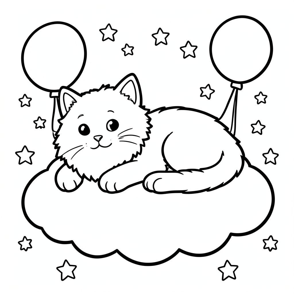A big, fluffy cat lying on a cloud, surrounded by stars and balloons, with simple thick outlines suitable for children to color