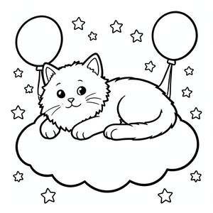 A big, fluffy cat lying on a cloud, surrounded by stars and balloons, with simple thick outlines suitable for children to color