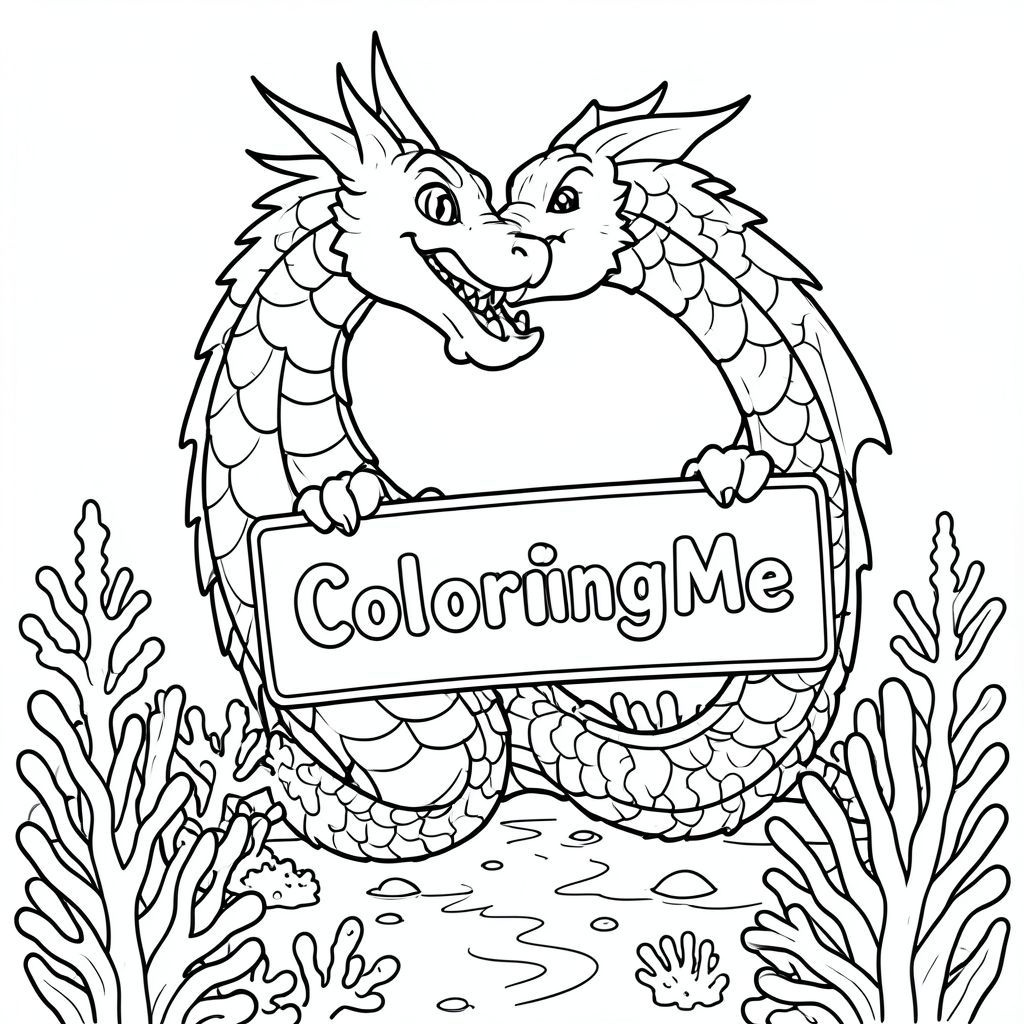 An overview of a friendly dragon, holding a sign with "ColoringMe" written in white letters in an underwater coral lake, surreal style