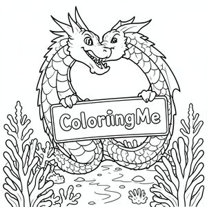 An overview of a friendly dragon, holding a sign with "ColoringMe" written in white letters in an underwater coral lake, surreal style
