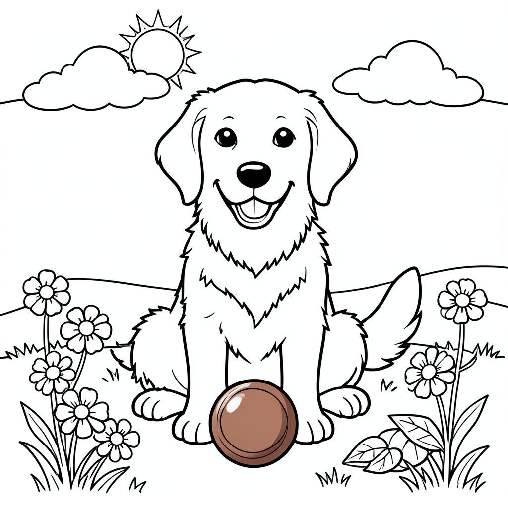 A friendly golden retriever sitting on a grassy meadow with a red ball in front, a blue sky with a few clouds and a bright sun overhead. The dog has a big smile and a wagging tail, surrounded by four flowers and a small pile of leaves. The layout is simple: the dog's outline fills most of the center, the ball in brown and metal texture, the flowers with petals, the sky and ground lines. Size 1024x1024