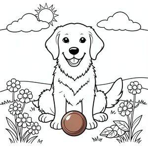 A friendly golden retriever sitting on a grassy meadow with a red ball in front, a blue sky with a few clouds and a bright sun overhead. The dog has a big smile and a wagging tail, surrounded by four flowers and a small pile of leaves. The layout is simple: the dog's outline fills most of the center, the ball in brown and metal texture, the flowers with petals, the sky and ground lines. Size 1024x1024