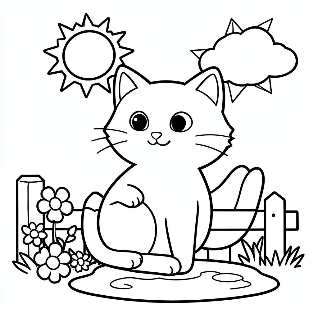 A gentle, smiling cat perched on a low fence, next to a bright sun and a few fluffy clouds, with simple flowers and a small puddle around its paws. The cat has big round eyes and a plump tail, all drawn in thick outlines for easy coloring.