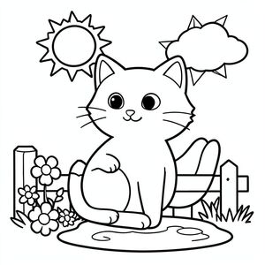 A gentle, smiling cat perched on a low fence, next to a bright sun and a few fluffy clouds, with simple flowers and a small puddle around its paws. The cat has big round eyes and a plump tail, all drawn in thick outlines for easy coloring.