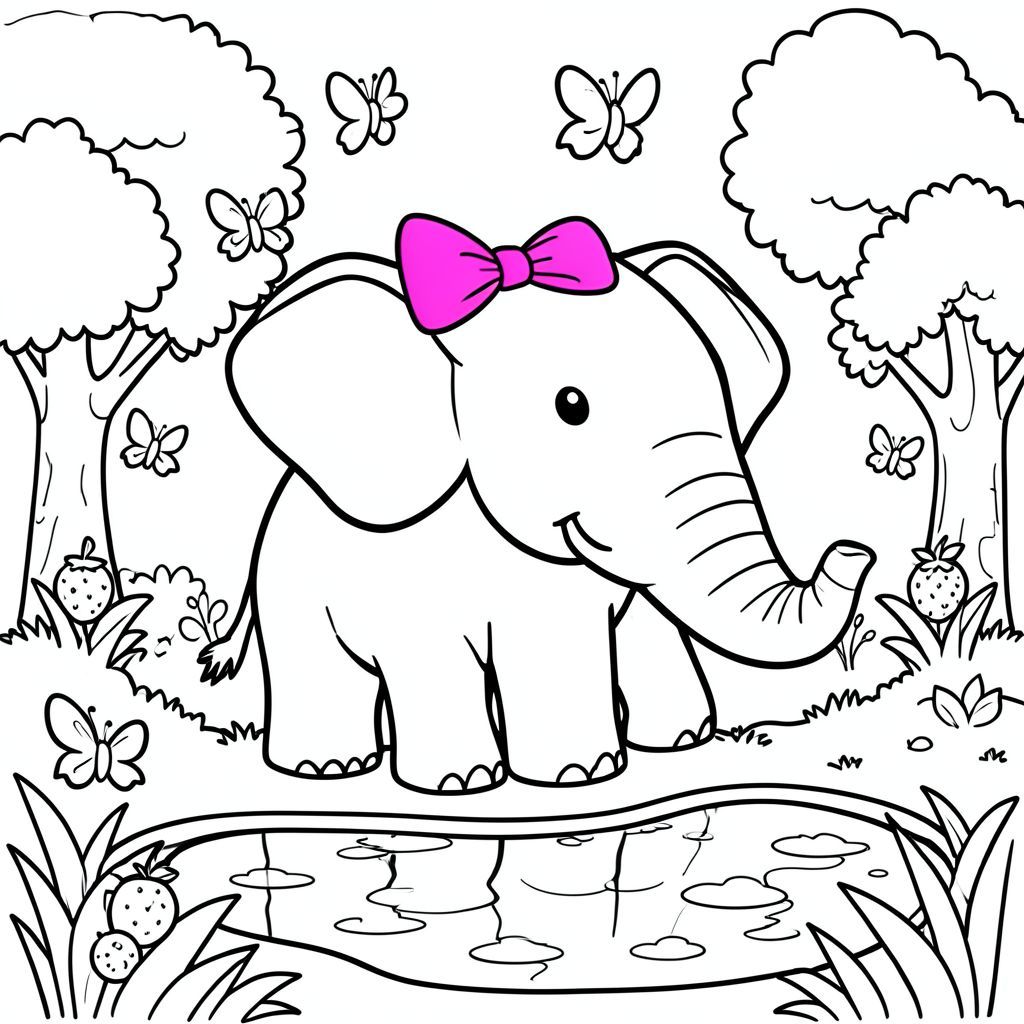 A gentle elephant with a big, floppy ear, wearing a bright pink bow on its head and surrounded by friendly butterflies, trees with fruit, and a small pond reflecting the clouds, all drawn in bold outlines suitable for coloring.