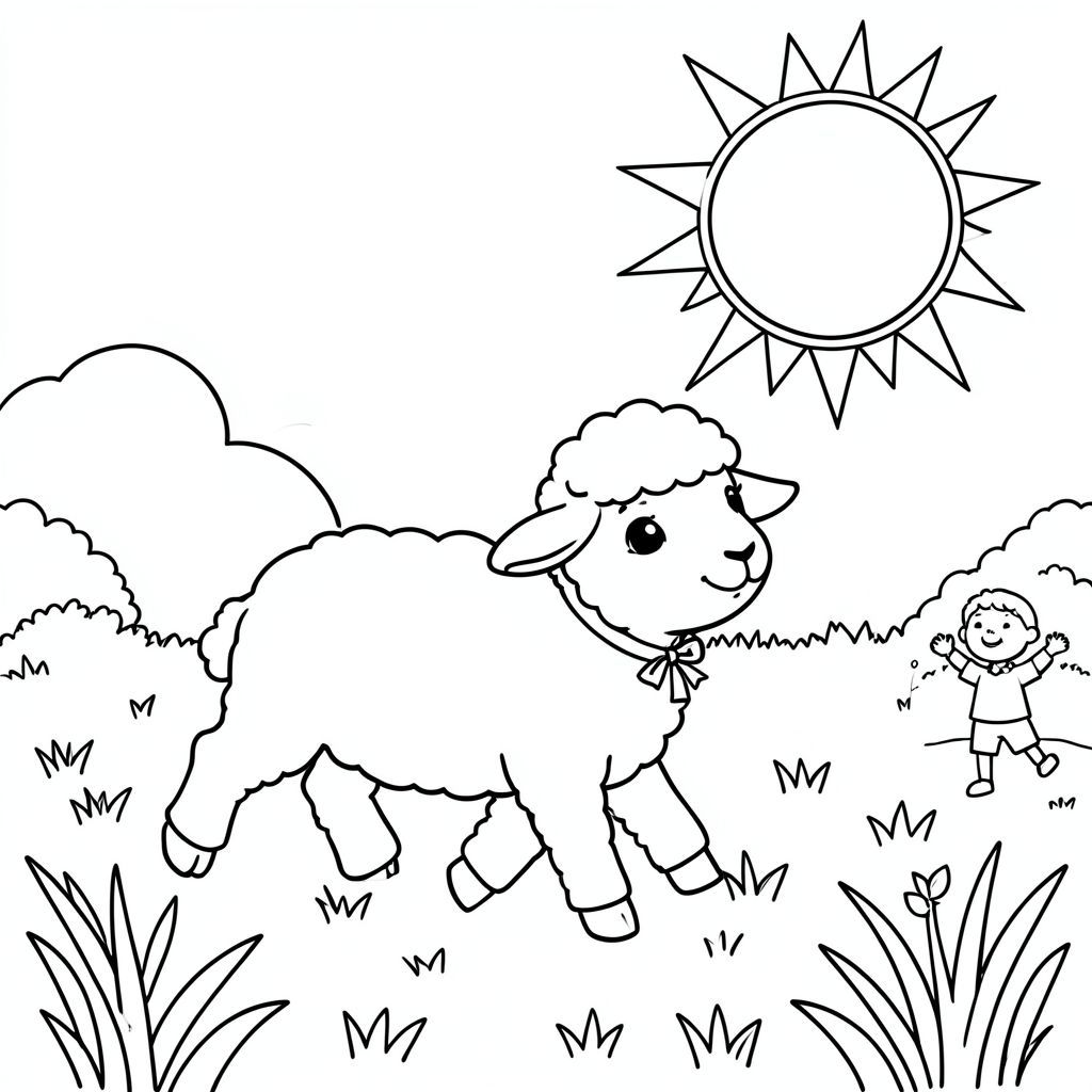 A bright, smiling sky blue lamb with a little ribbon on its neck, returning to a cozy green meadow under a big bright sun, with a tiny stick figure of a child waving, ready to color.
