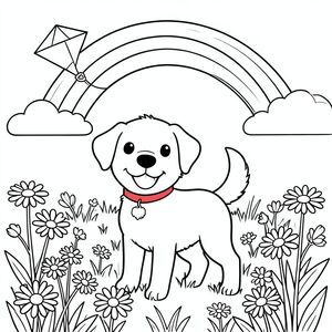 A cheerful dog standing in a bright meadow, wearing a red collar, surrounded by daisies, a kite in the sky, and a friendly rainbow arching overhead.