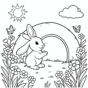 A small rabbit happily hopping back to its cozy burrow in a sunny meadow, surrounded by flowers and butterflies