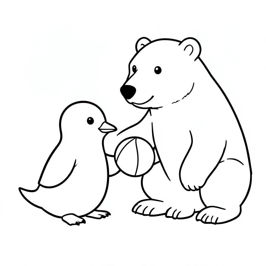 A penguin plays with a polar bear with a ball