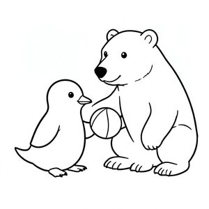 A penguin plays with a polar bear with a ball