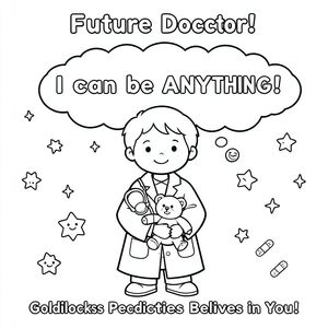 “Future Doctor!”

Top Title:
“When I Grow Up…”

Main Image:

A child wearing an oversized doctor coat

Holding a teddy bear

Stethoscope that’s almost too big

Big bubbly thought cloud above their head

Inside the cloud (outline letters to color):
“I can be ANYTHING!”

Bottom:
“Goldilocks Pediatrics Believes in You!”

Add:

Stars

Sparkles

Smiling bandaids
