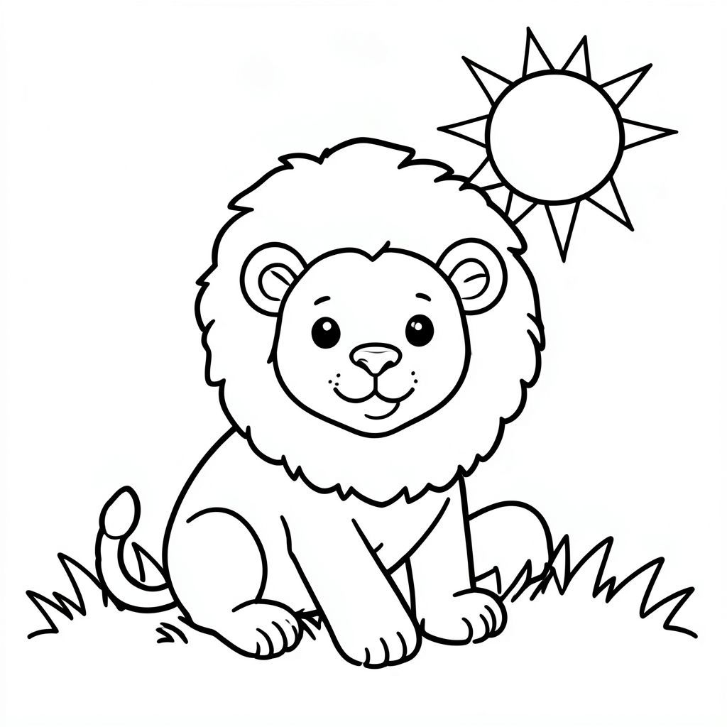 Trang 1 - Sư tử hạnh phúc
Một chú sư tử dễ thương mỉm cười với bờm to bồng bềnh, ngồi trên bãi cỏ dưới ánh nắng mặt trời đơn giản, đường viền dày đậm, không gian mở rộng, nền tối thiểu, nghệ thuật đường nét đen trắng, phong cách sách tô màu, không đổ bóng.