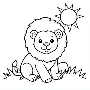 Trang 1 - Sư tử hạnh phúc
Một chú sư tử dễ thương mỉm cười với bờm to bồng bềnh, ngồi trên bãi cỏ dưới ánh nắng mặt trời đơn giản, đường viền dày đậm, không gian mở rộng, nền tối thiểu, nghệ thuật đường nét đen trắng, phong cách sách tô màu, không đổ bóng.