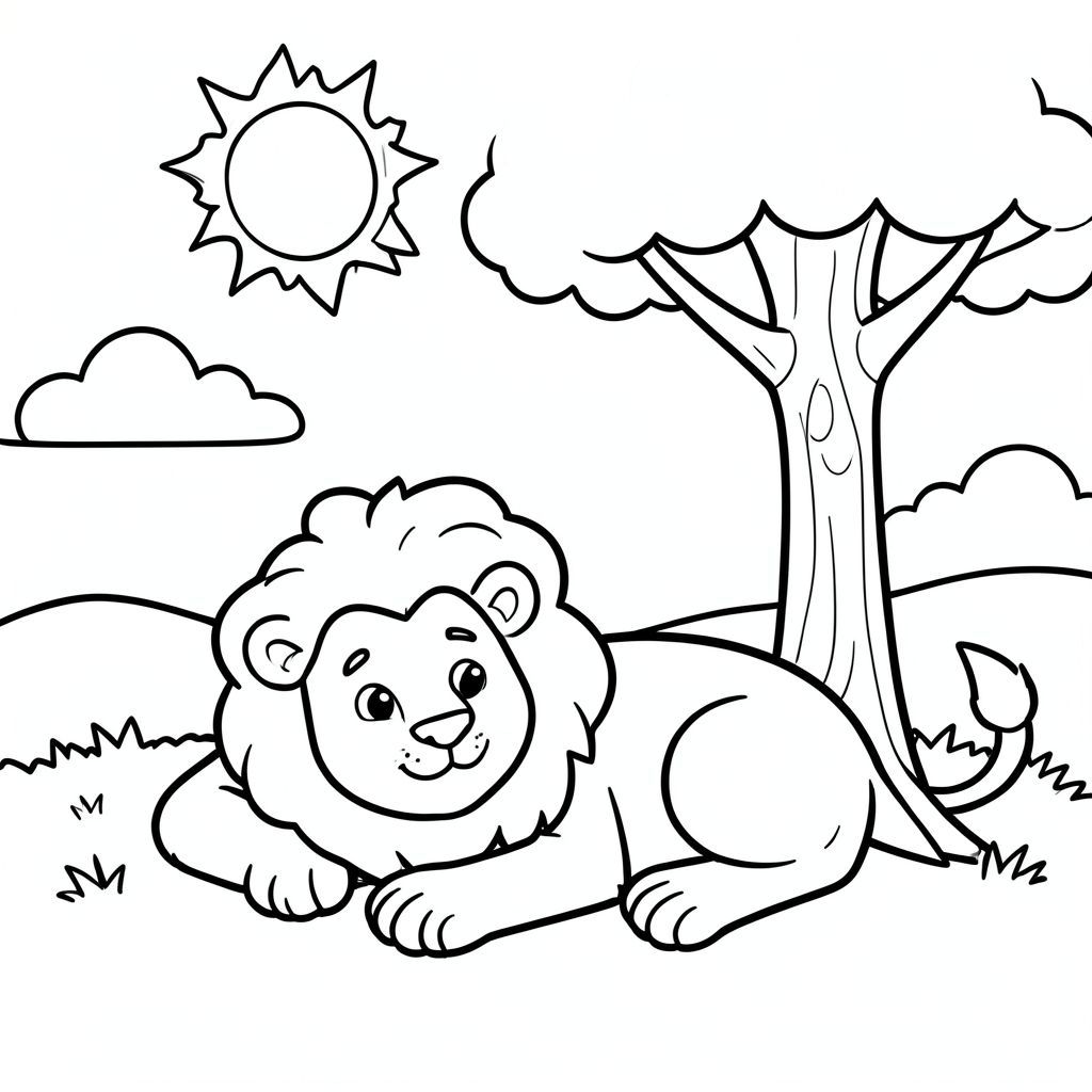 Sư tử ngủ dưới gốc cây – khuôn mặt to, thân thiện (Đường viền đậm dày

Hình dạng lớn, đơn giản

Nền tối thiểu (mặt trời, mây, cỏ)

Đen trắng, không đổ bóng

Biểu cảm vui vẻ, vui tươi